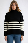 Women's Oversized Striped Turtleneck Sweater Mock Neck Knit Top - White