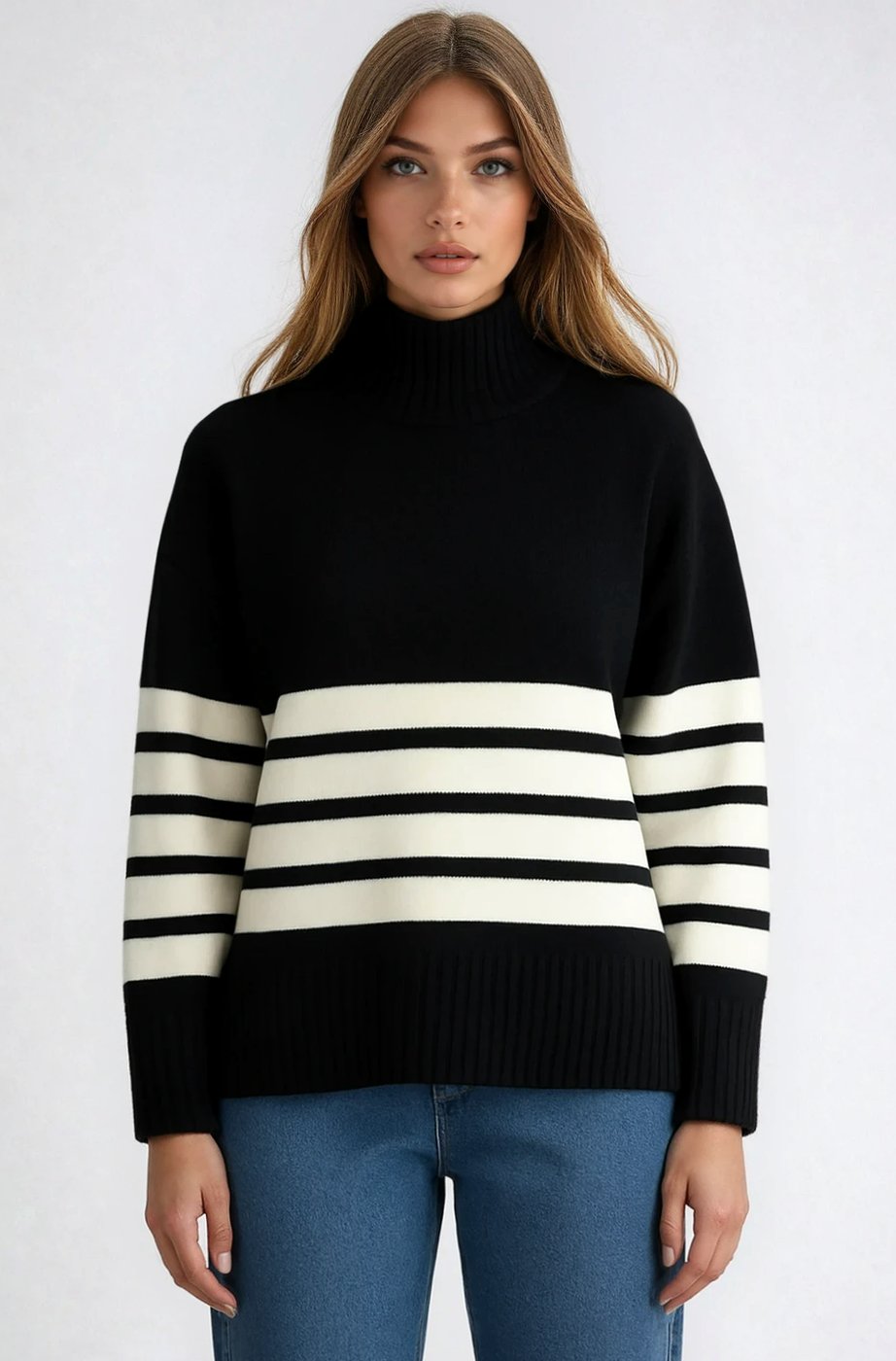 Women's Oversized Striped Turtleneck Sweater Mock Neck Knit Top - White