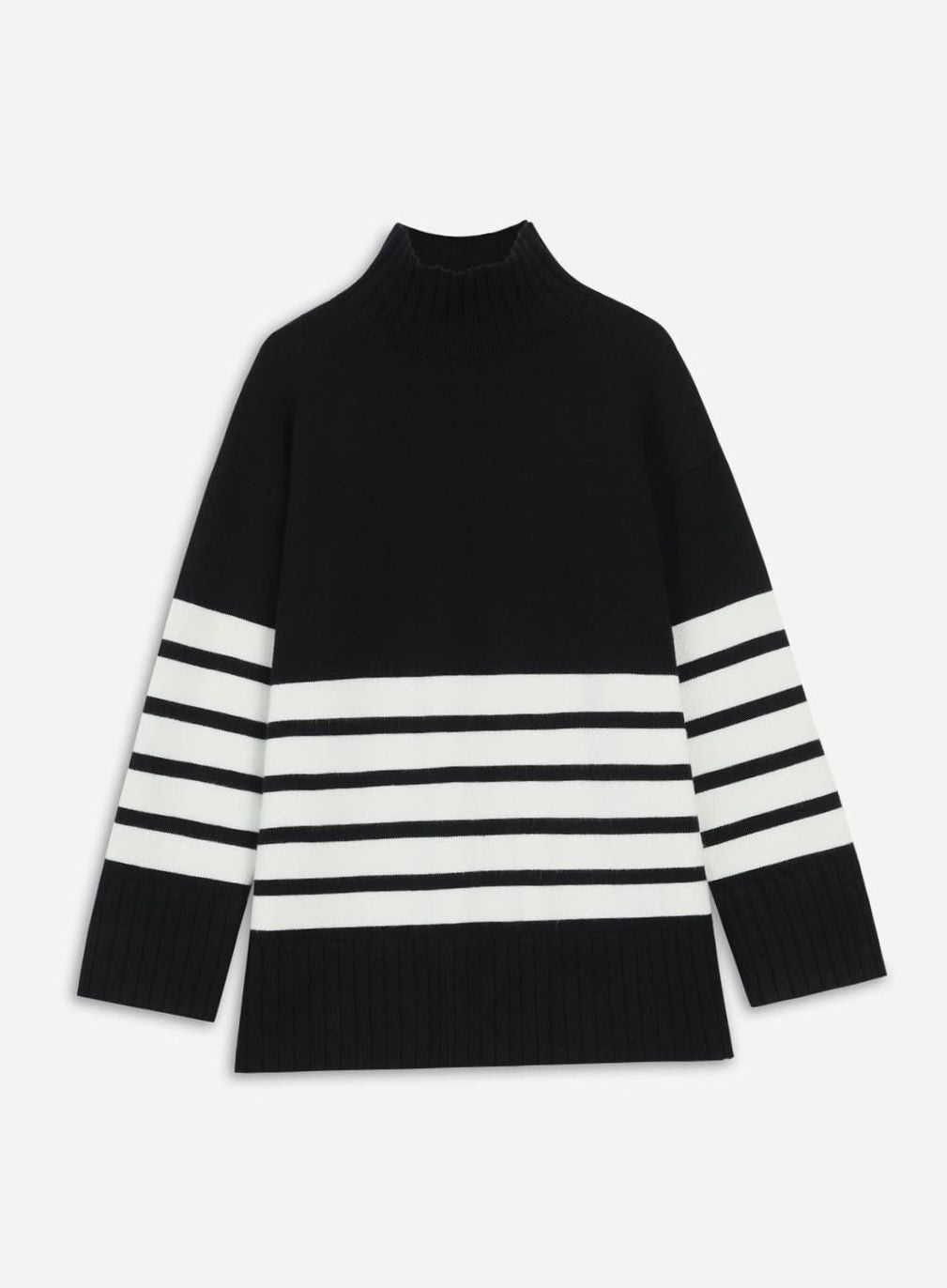Women's Oversized Striped Turtleneck Sweater Mock Neck Knit Top - Black