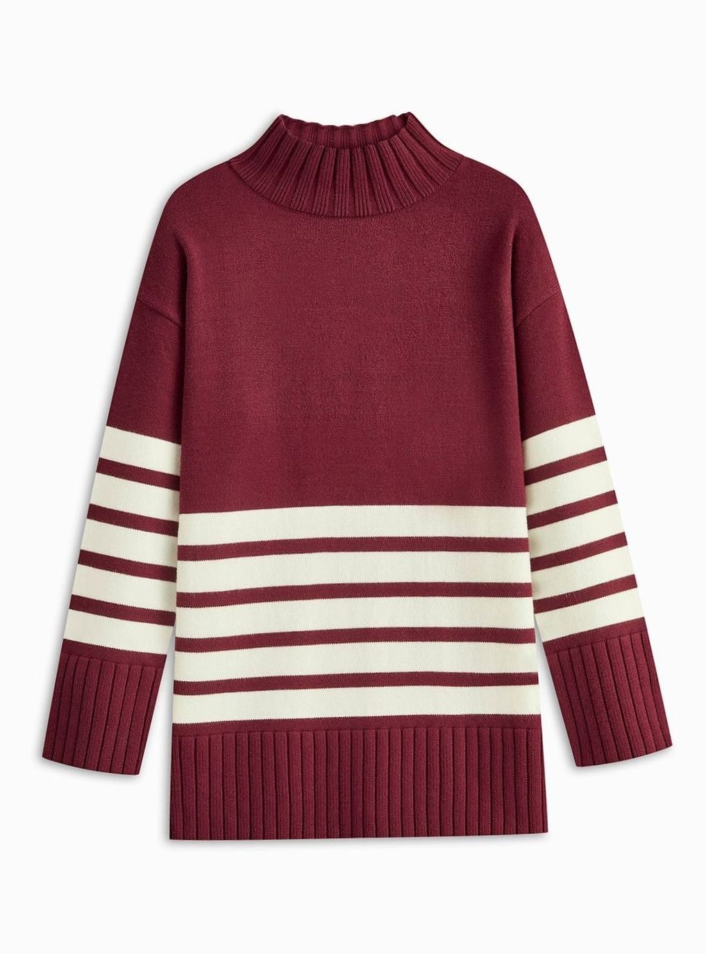 Women's Oversized Striped Turtleneck Sweater Mock Neck Knit Top - Burgundy