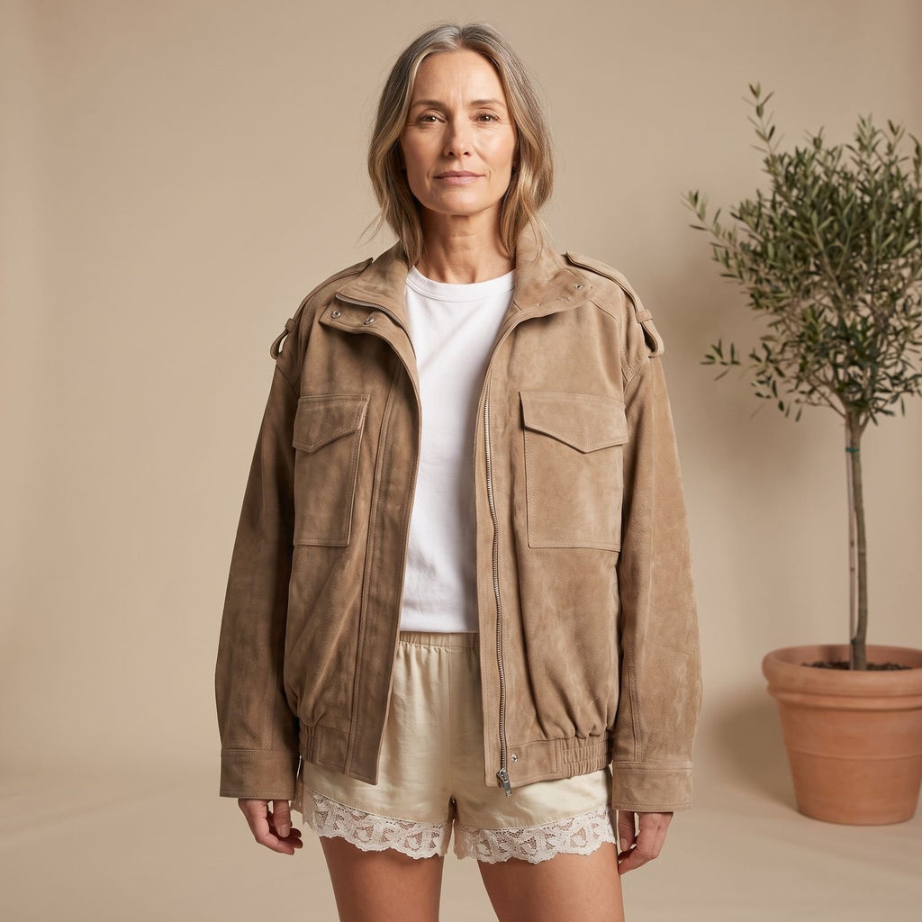 Women's Oversized Suede Hooded Jacket Zip-Front Utility Pockets - Taupe