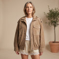 Women's Oversized Suede Hooded Jacket Zip-Front Utility Pockets - Taupe