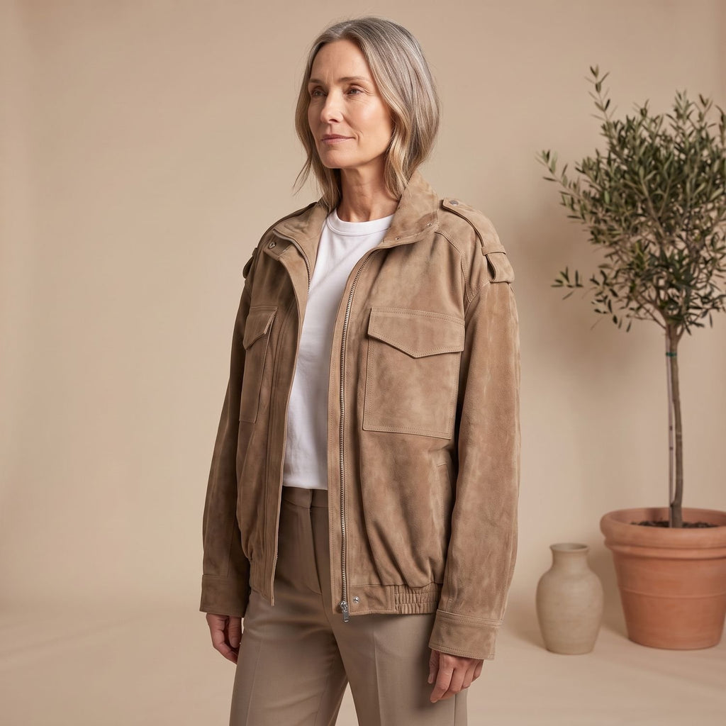 Women's Oversized Suede Hooded Jacket Zip-Front Utility Pockets
