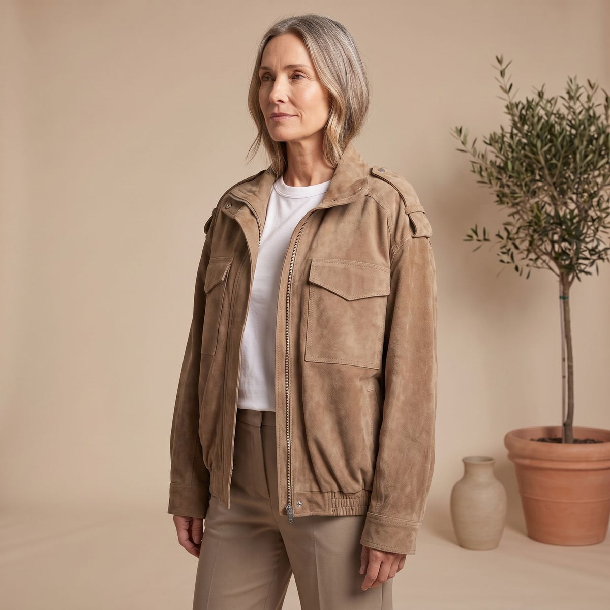 Women's Oversized Suede Hooded Jacket Zip-Front Utility Pockets