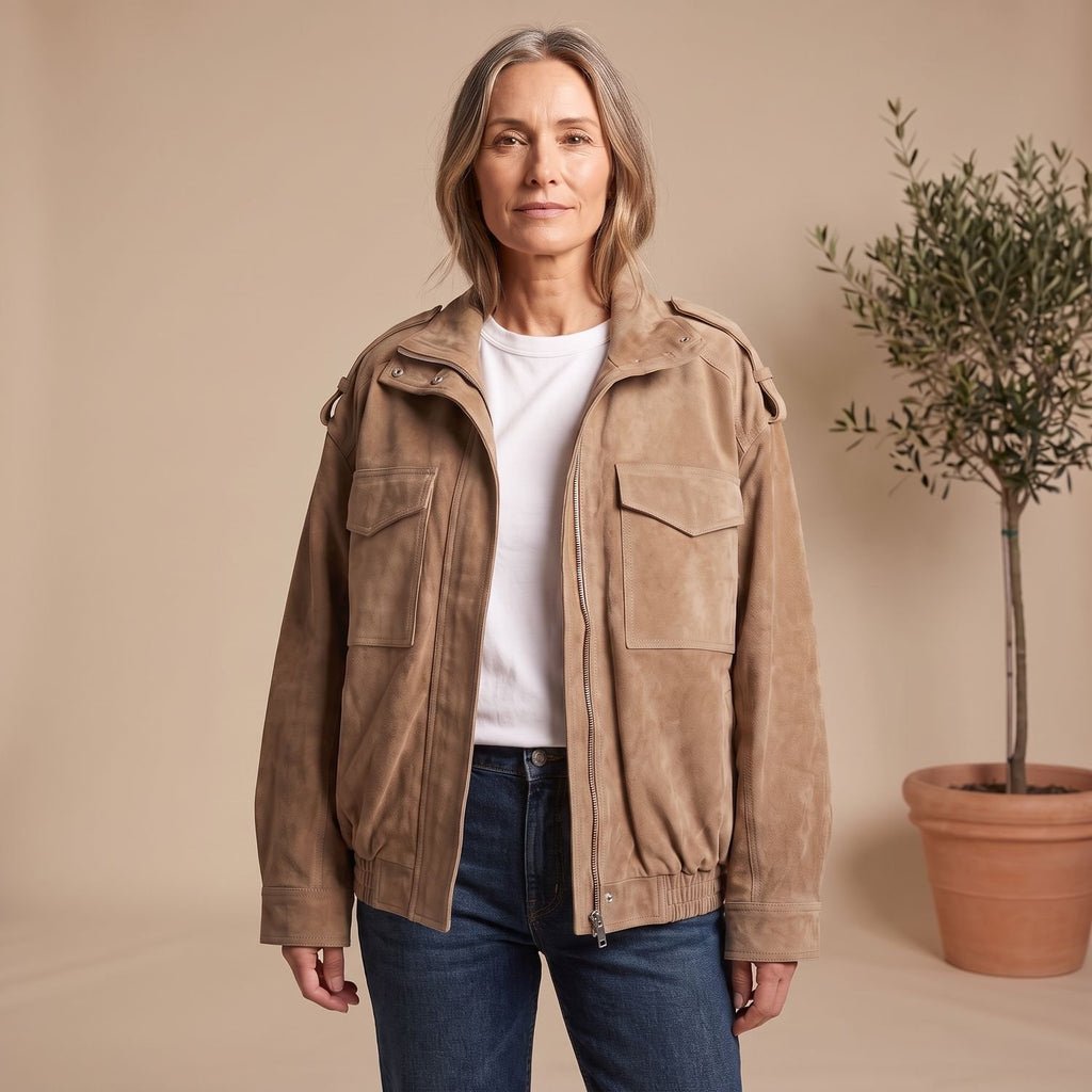 Women's Oversized Suede Hooded Jacket Zip-Front Utility Pockets