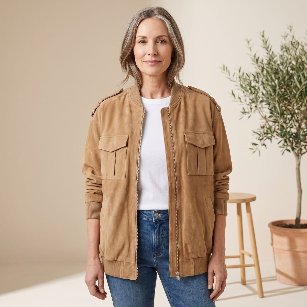 Women's Oversized Suede Hooded Jacket Zip-Front Utility Pockets