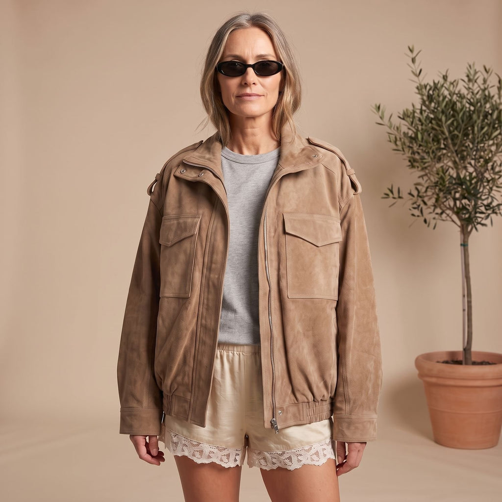Women's Oversized Suede Hooded Jacket Zip-Front Utility Pockets
