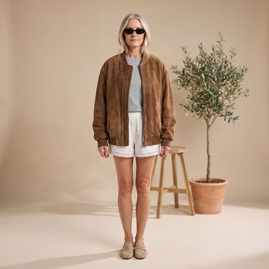 Women's Oversized Suede Hooded Jacket Zip-Front Utility Pockets