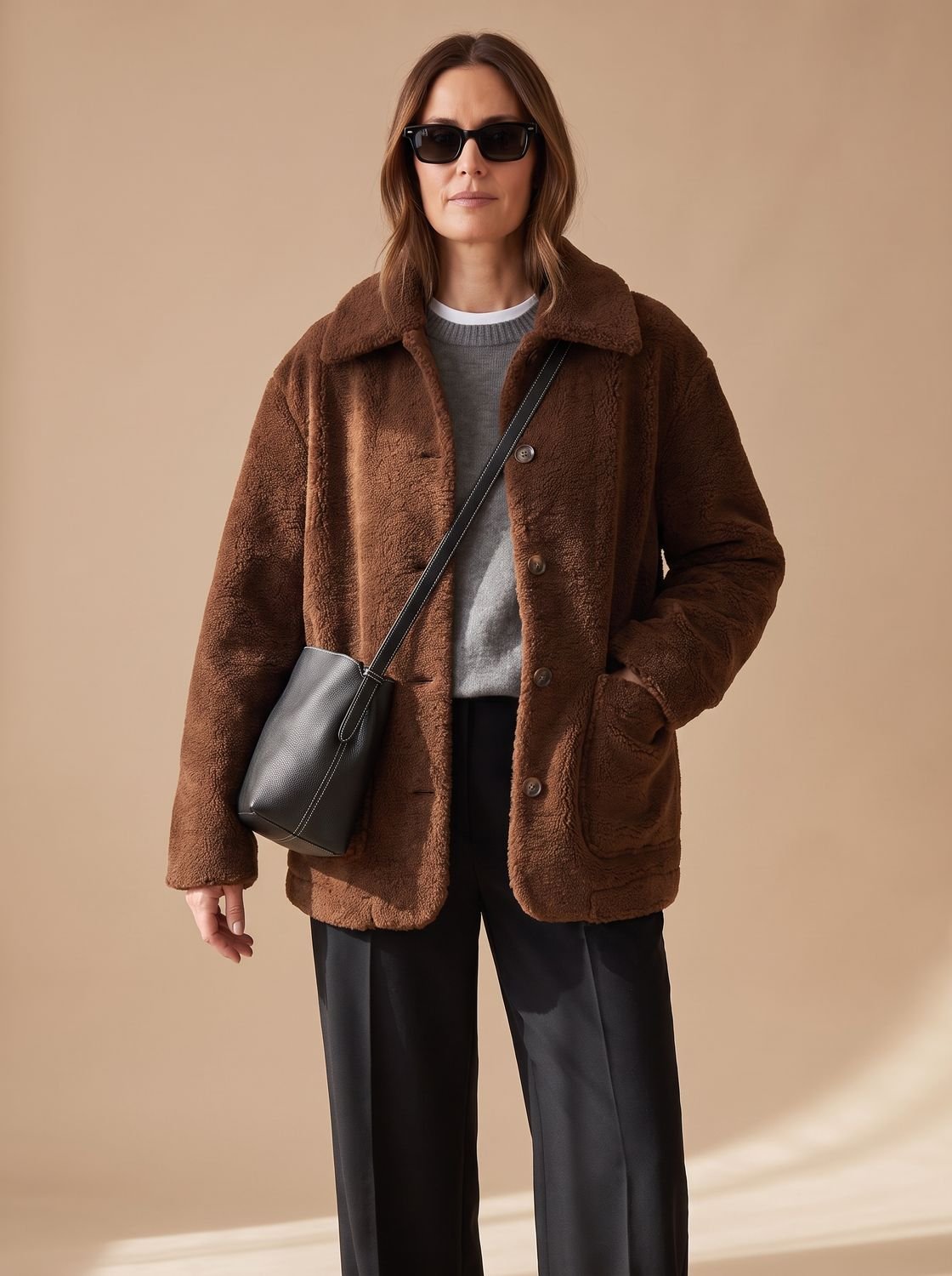 Women's Oversized Teddy Button-Front Jacket with Patch Pockets - Brown