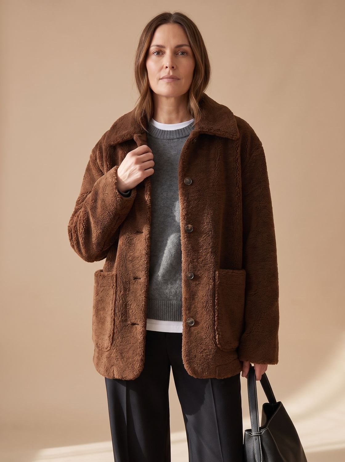 Women's Oversized Teddy Button-Front Jacket with Patch Pockets