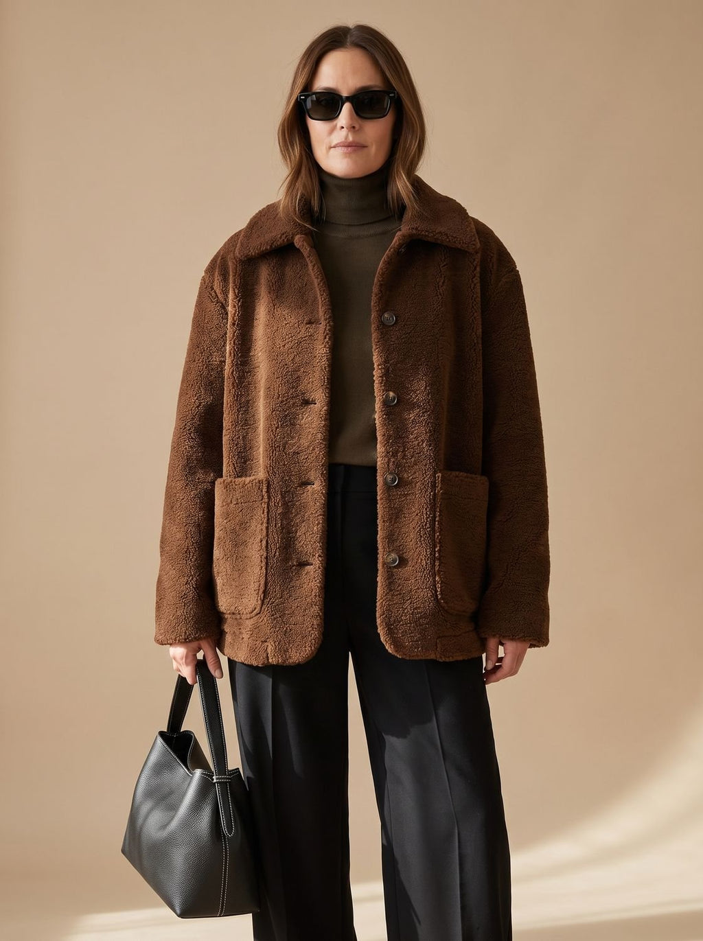 Women's Oversized Teddy Button-Front Jacket with Patch Pockets