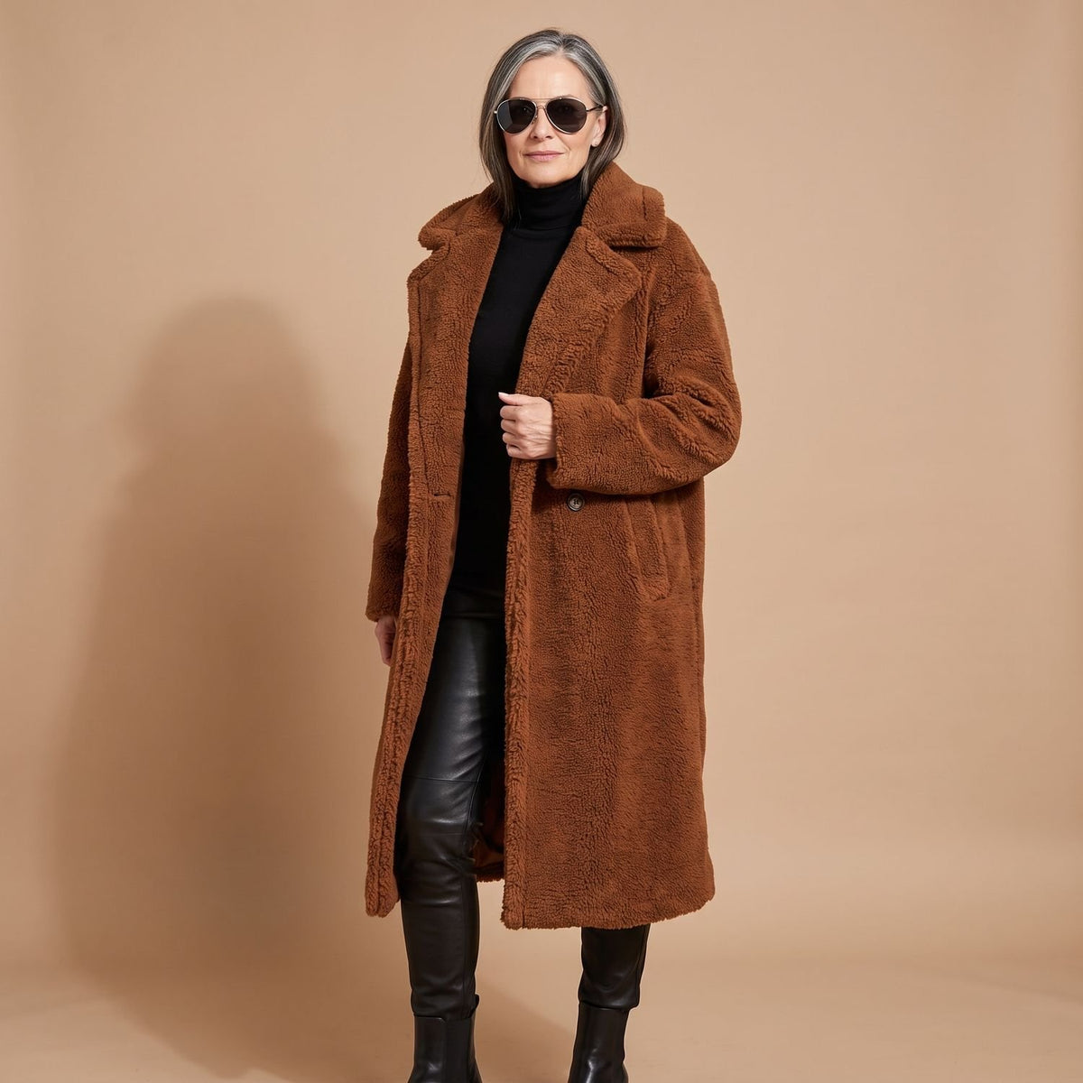 Women's Oversized Teddy Faux Fur Coat Long Lapel Winter Jacket - Brown