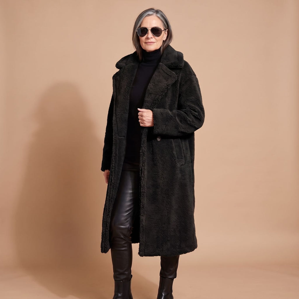 Women's Oversized Teddy Faux Fur Coat Long Lapel Winter Jacket - Black