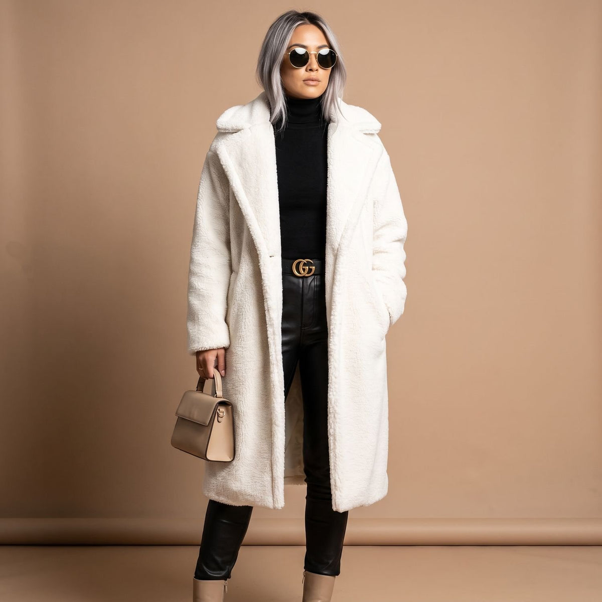 Women's Oversized Teddy Faux Fur Coat Long Lapel Winter Jacket - White