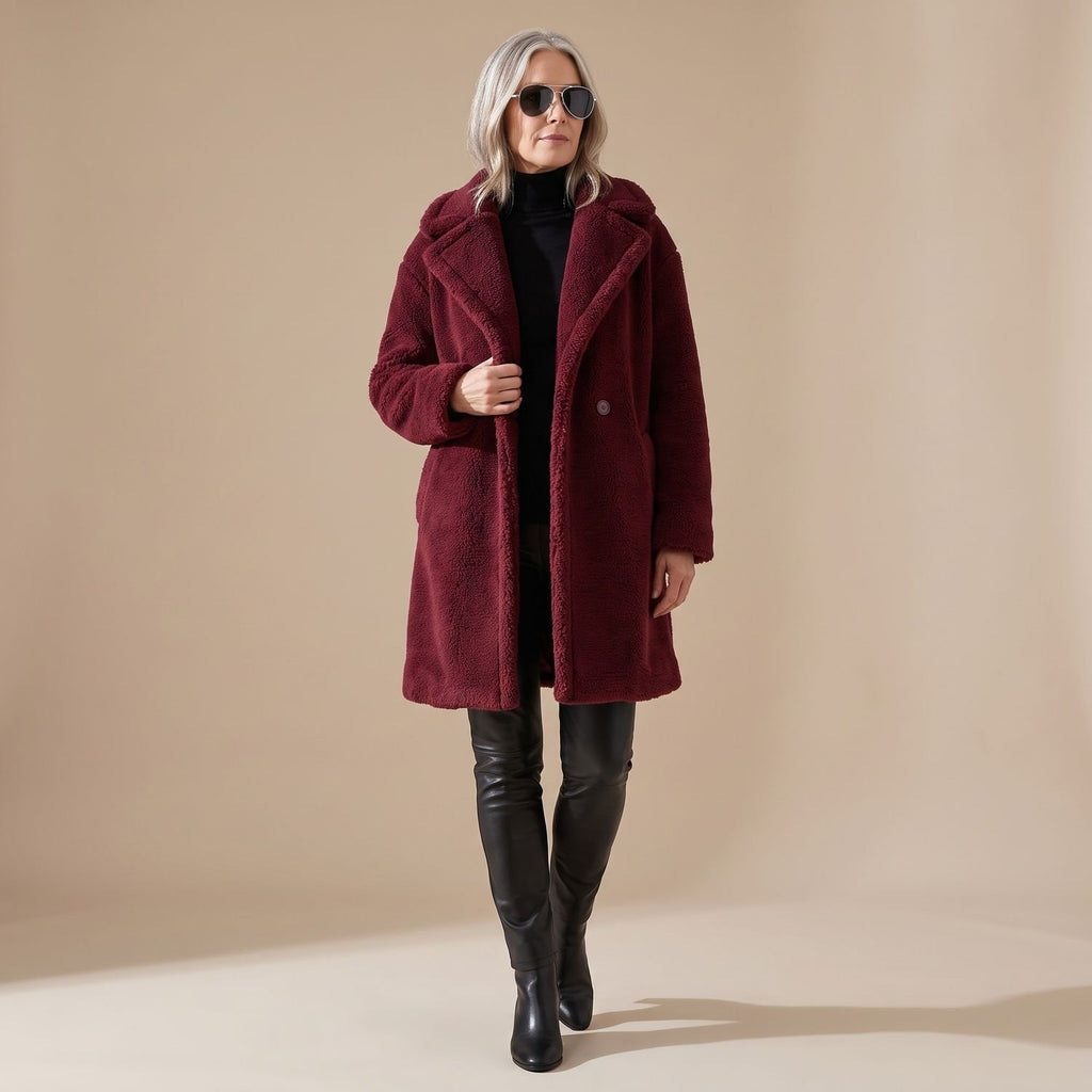 Women's Oversized Teddy Faux Fur Coat Long Lapel Winter Jacket - Red