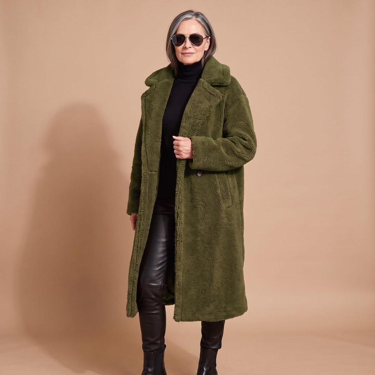 Women's Oversized Teddy Faux Fur Coat Long Lapel Winter Jacket - Green