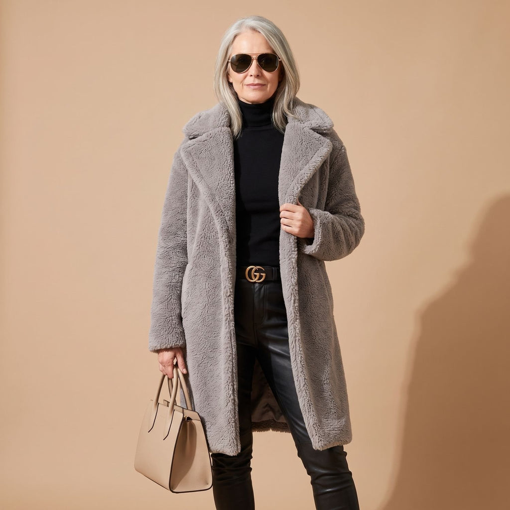 Women's Oversized Teddy Faux Fur Coat Long Lapel Winter Jacket - Gray