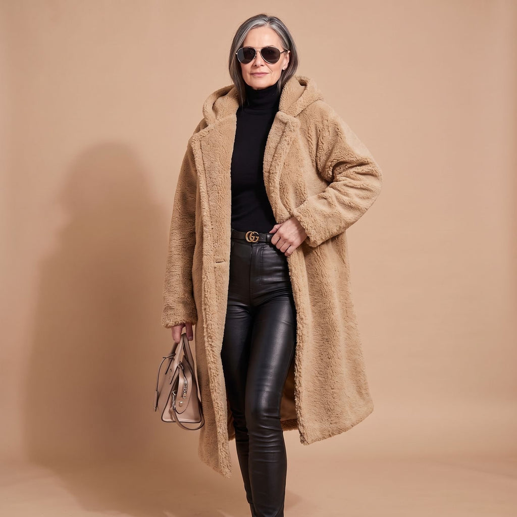 Women's Oversized Teddy Faux Fur Coat Long Lapel Winter Jacket - Beige