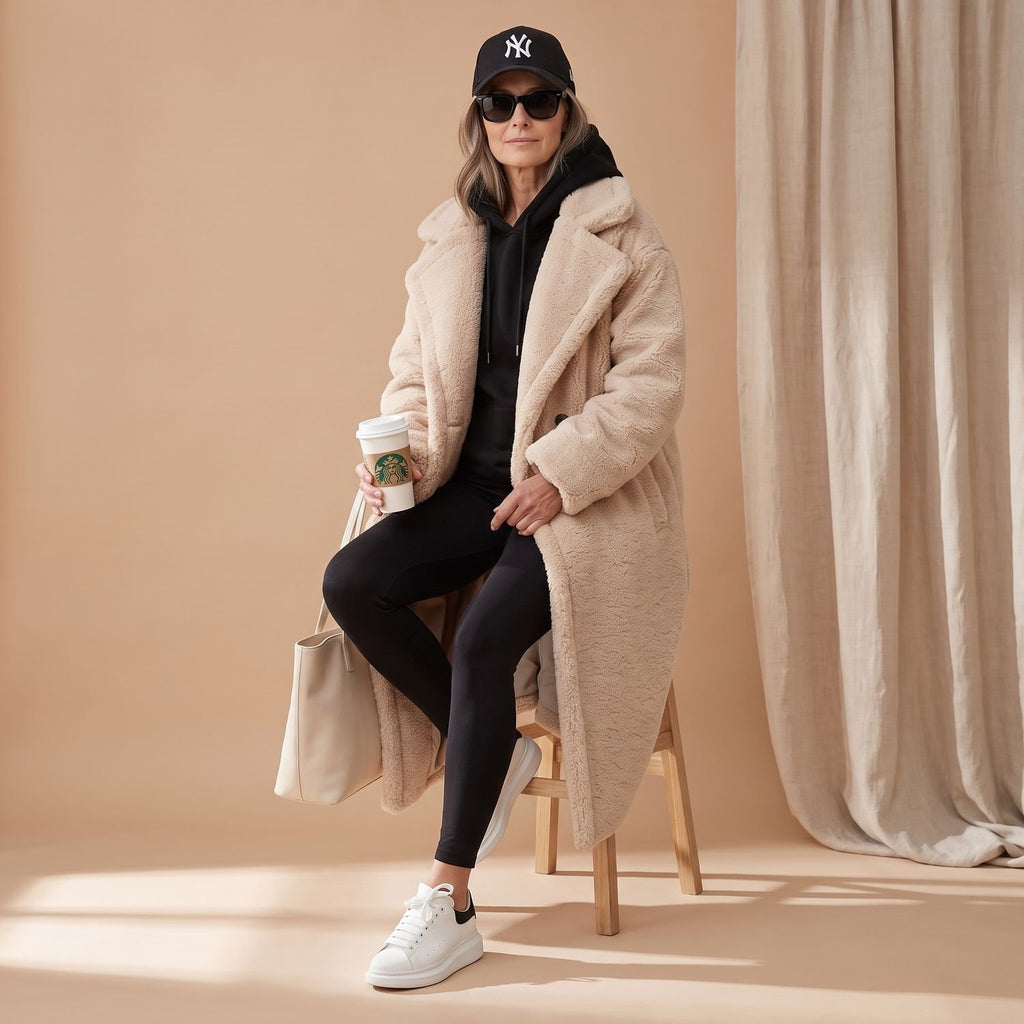 Women's Oversized Teddy Faux Fur Coat Long Winter Jacket - Beige
