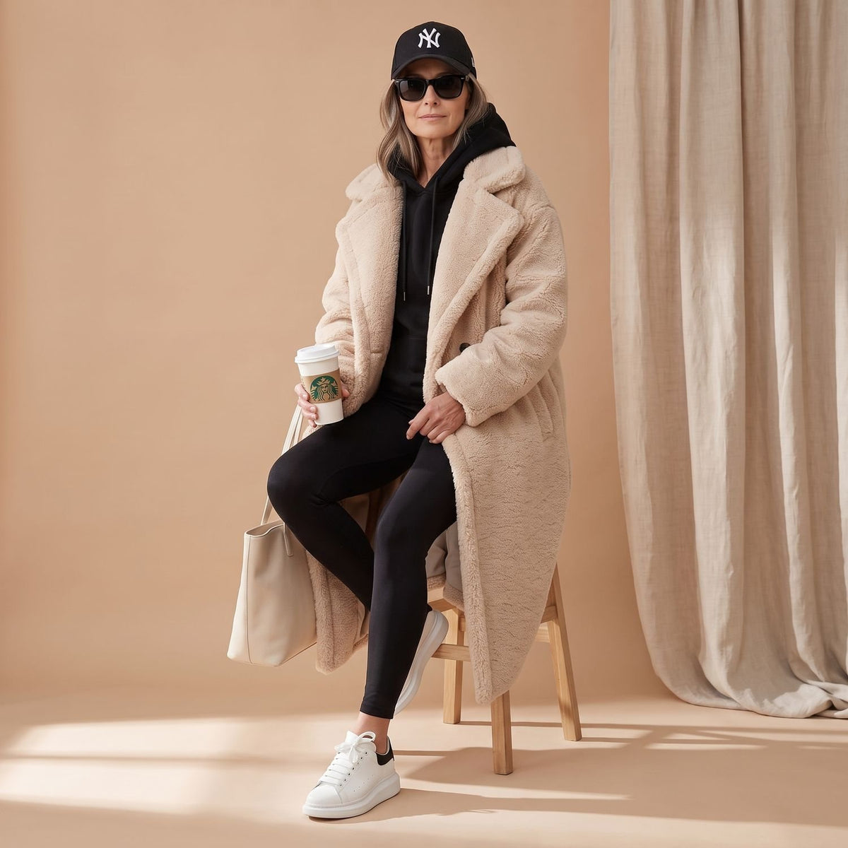 Women's Oversized Teddy Faux Fur Coat Long Winter Jacket - Beige