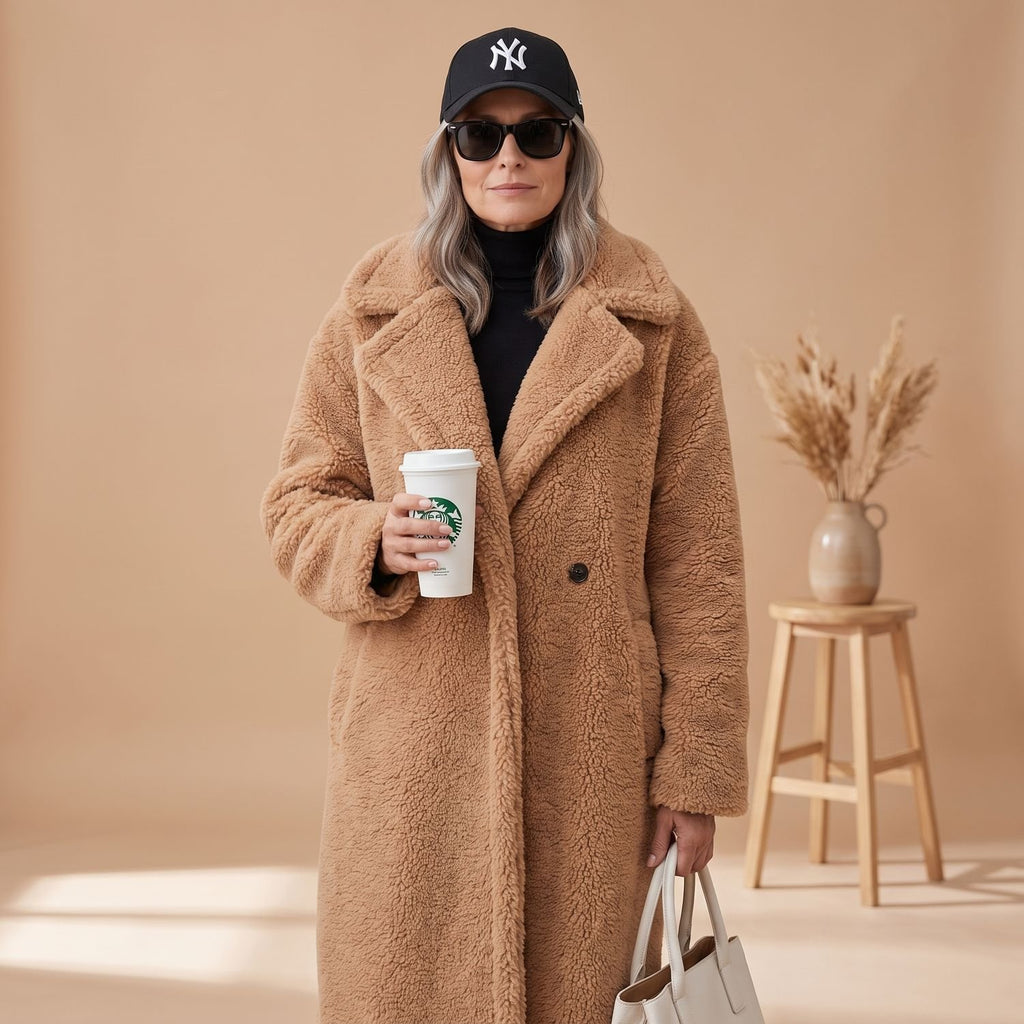 Women's Oversized Teddy Faux Fur Coat Long Winter Jacket - Taupe