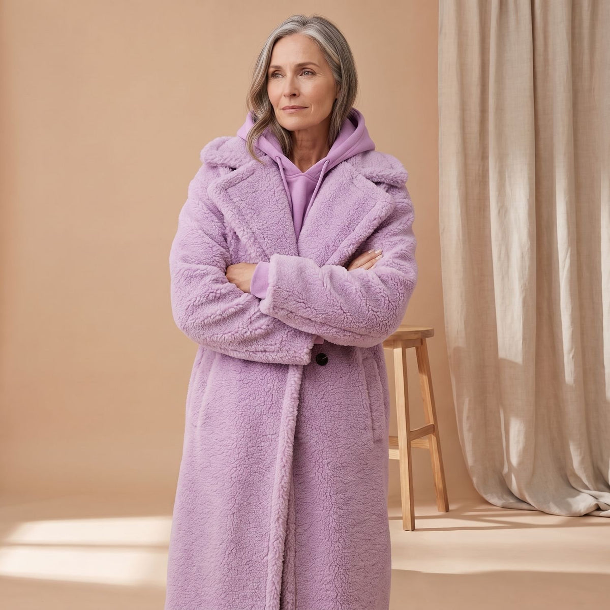Women's Oversized Teddy Faux Fur Coat Long Winter Jacket - Lilac