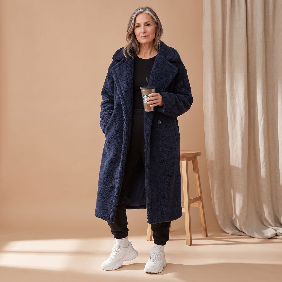 Women's Oversized Teddy Faux Fur Coat Long Winter Jacket - Dark Navy