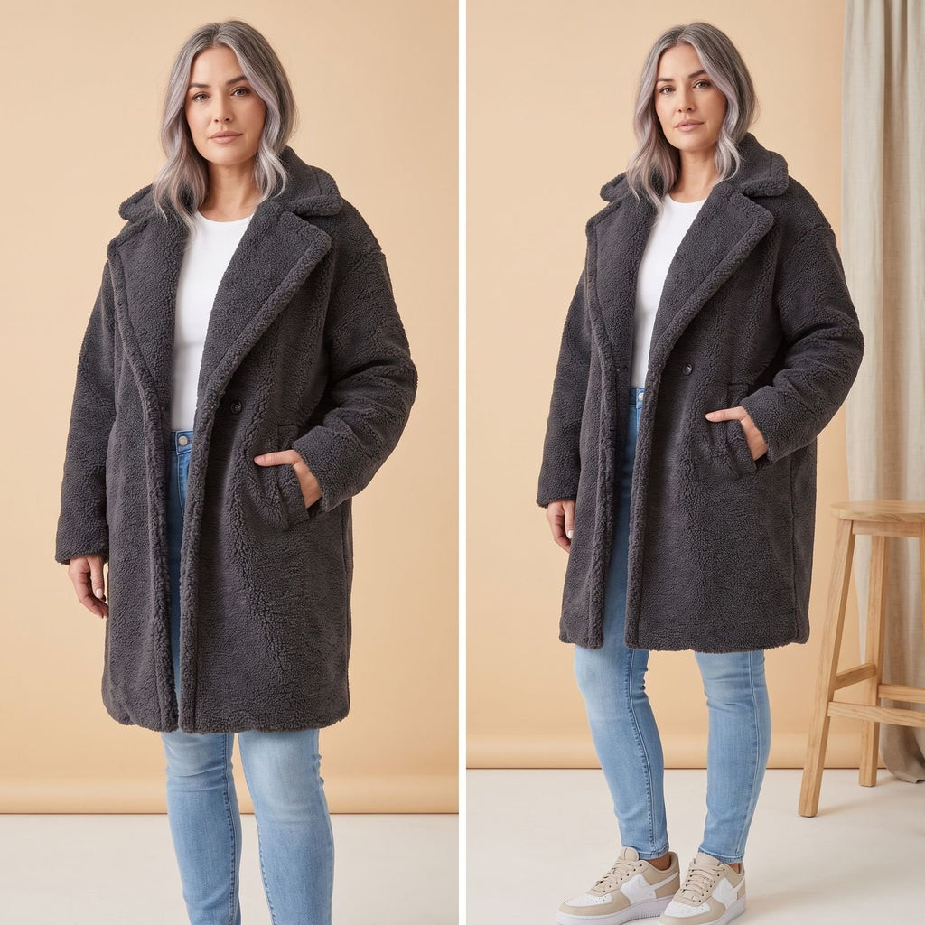 Women's Oversized Teddy Faux Fur Coat Long Winter Jacket - Gray