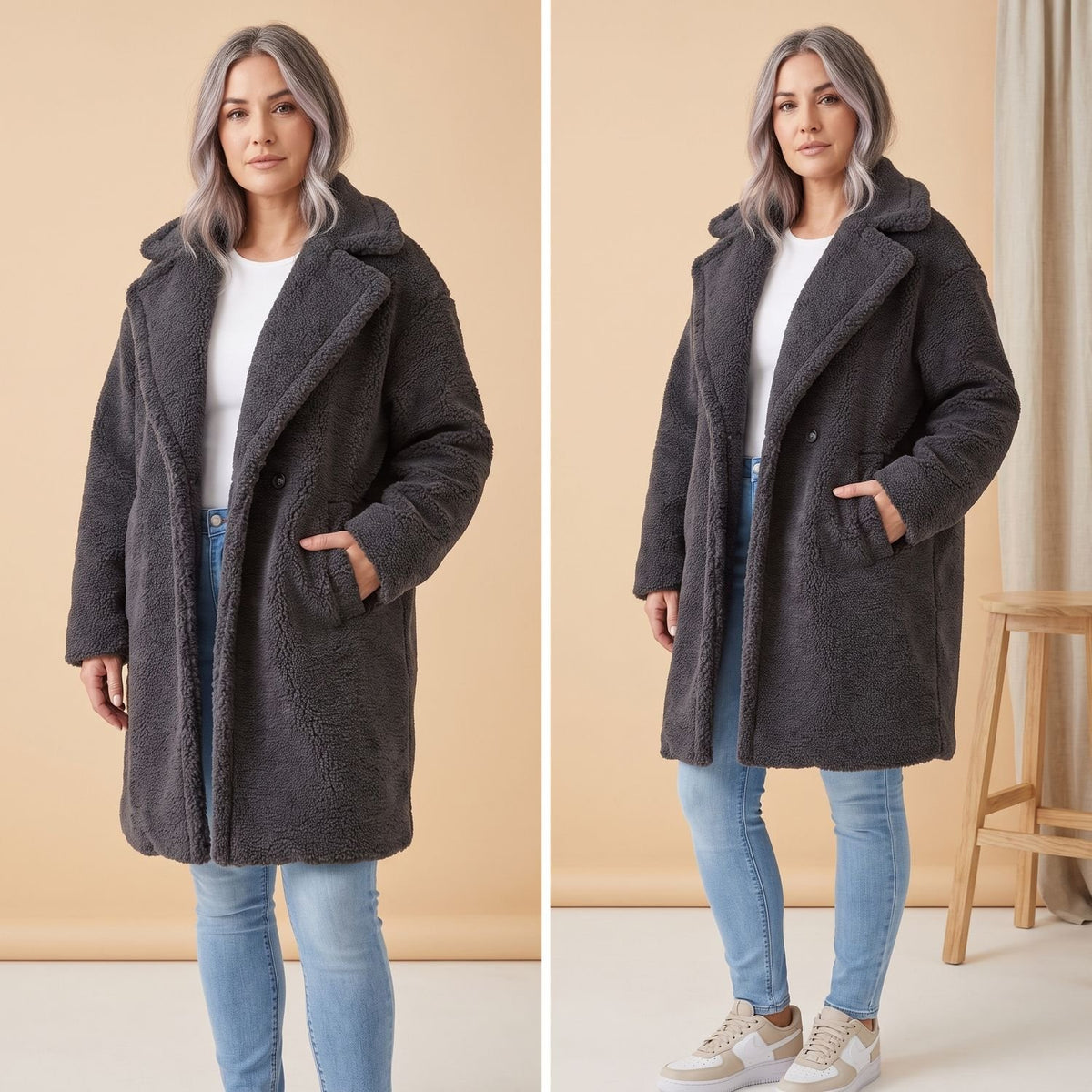 Women's Oversized Teddy Faux Fur Coat Long Winter Jacket - Gray