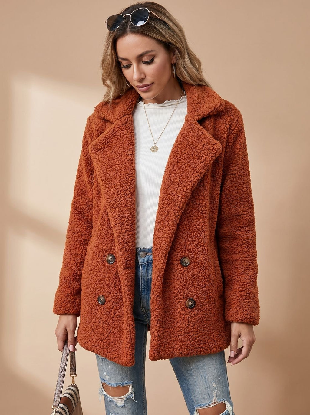 Women's Oversized Teddy Faux Fur Double-Breasted Coat - Caramel
