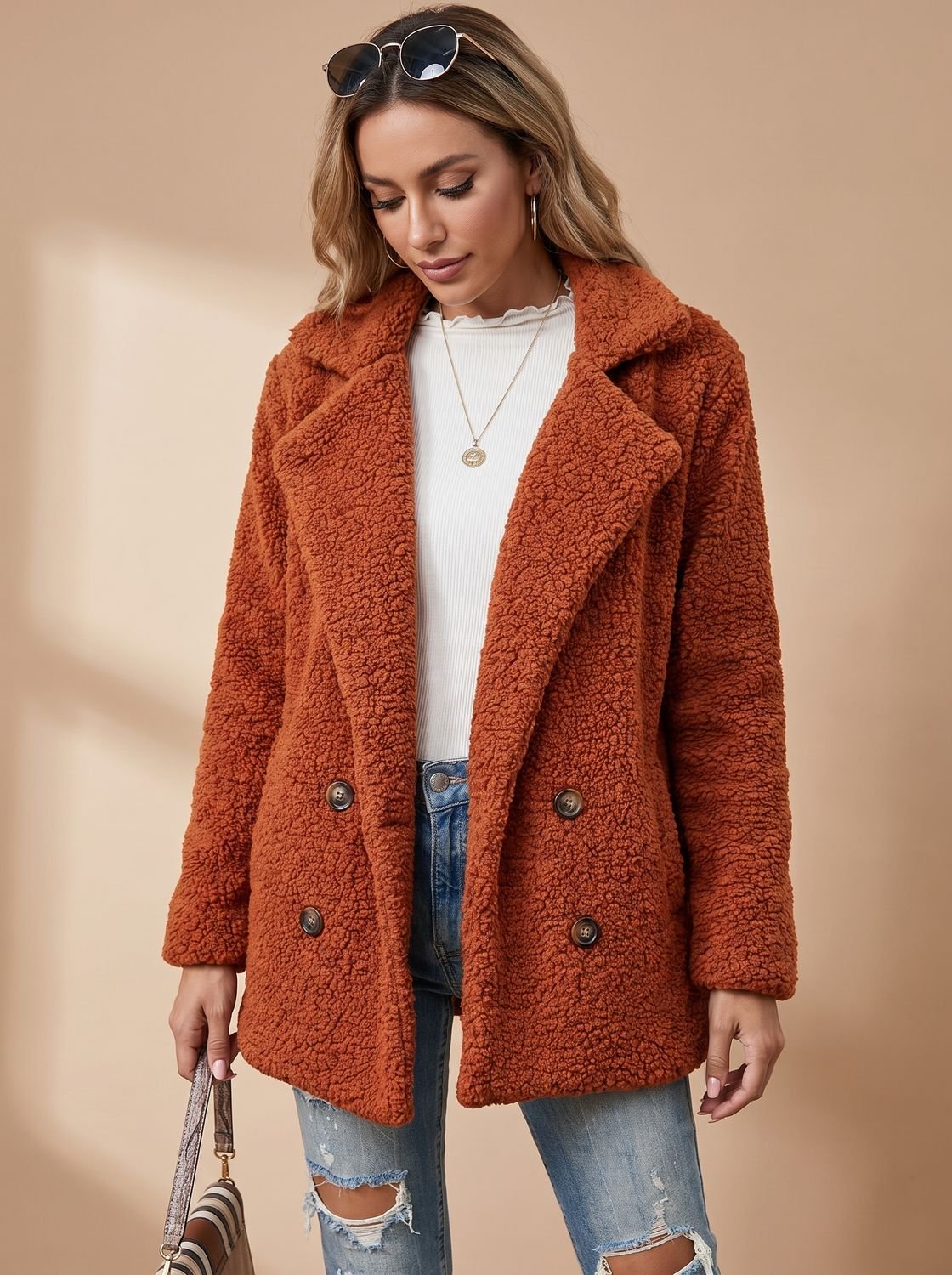 Women's Oversized Teddy Faux Fur Double-Breasted Coat - Caramel
