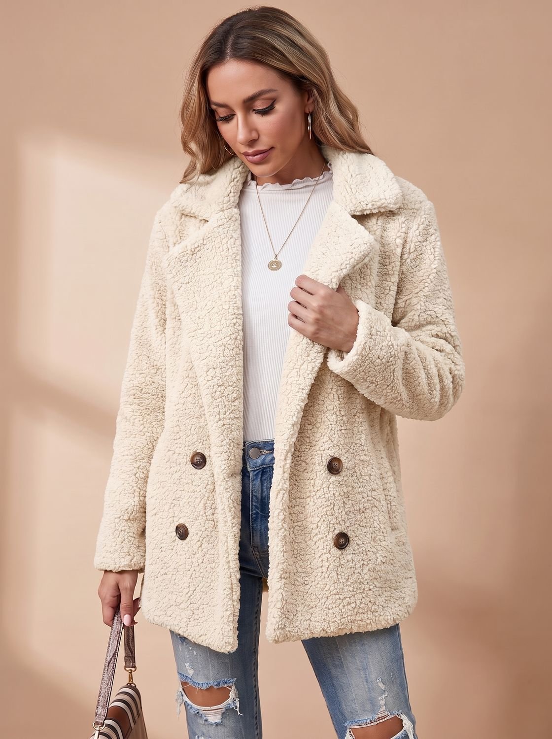 Women's Oversized Teddy Faux Fur Double-Breasted Coat - White