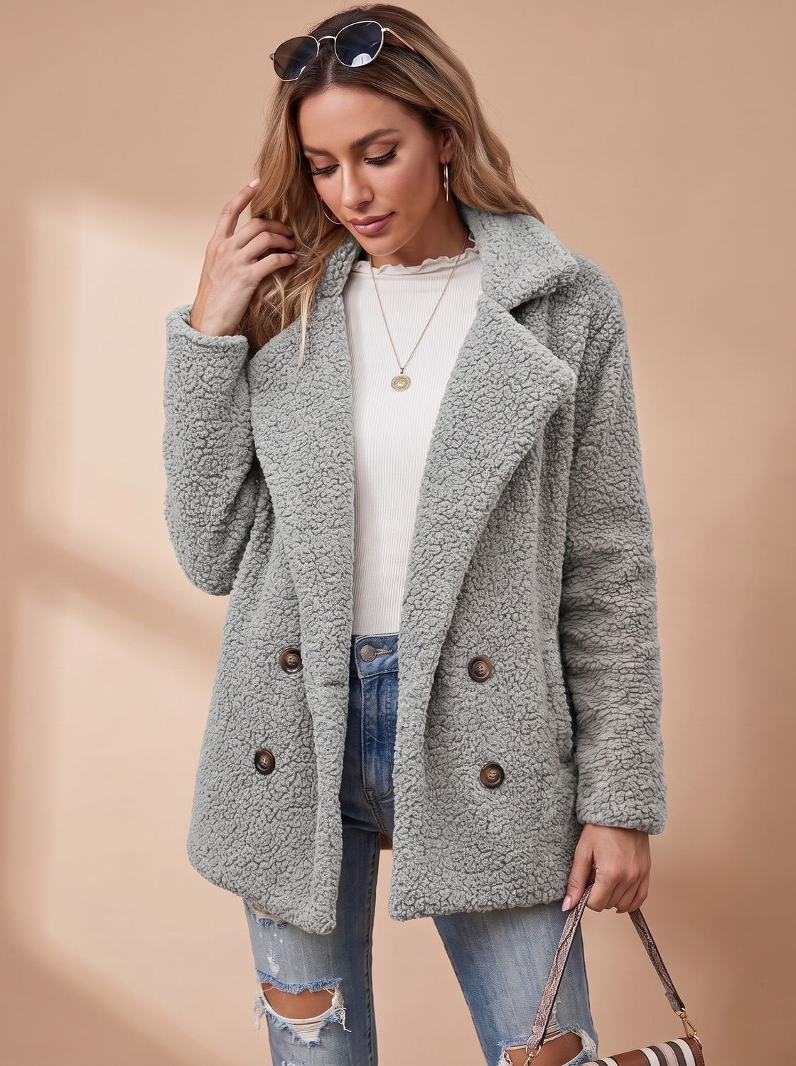Women's Oversized Teddy Faux Fur Double-Breasted Coat - Light Grey