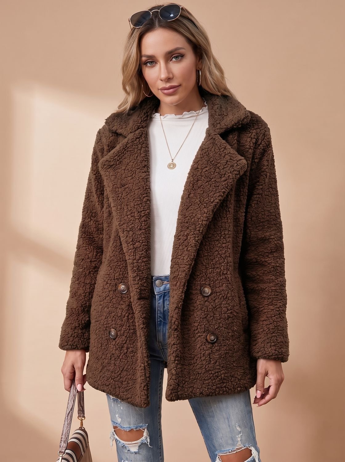 Women's Oversized Teddy Faux Fur Double-Breasted Coat - Coffee