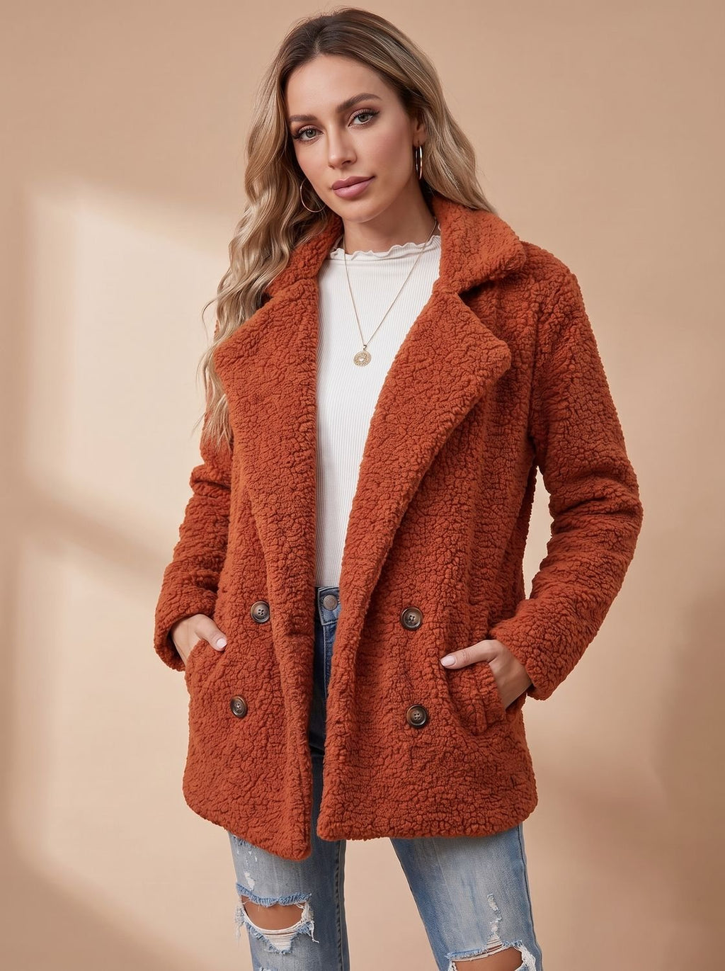Women's Oversized Teddy Faux Fur Double-Breasted Coat
