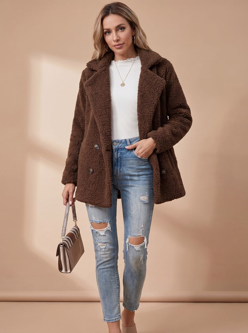 Women's Oversized Teddy Faux Fur Double-Breasted Coat