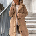 Women's Oversized Teddy Long Winter Coat Button-Front - Beige