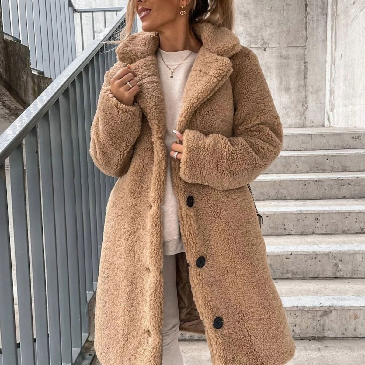 Women's Oversized Teddy Long Winter Coat Button-Front - Beige