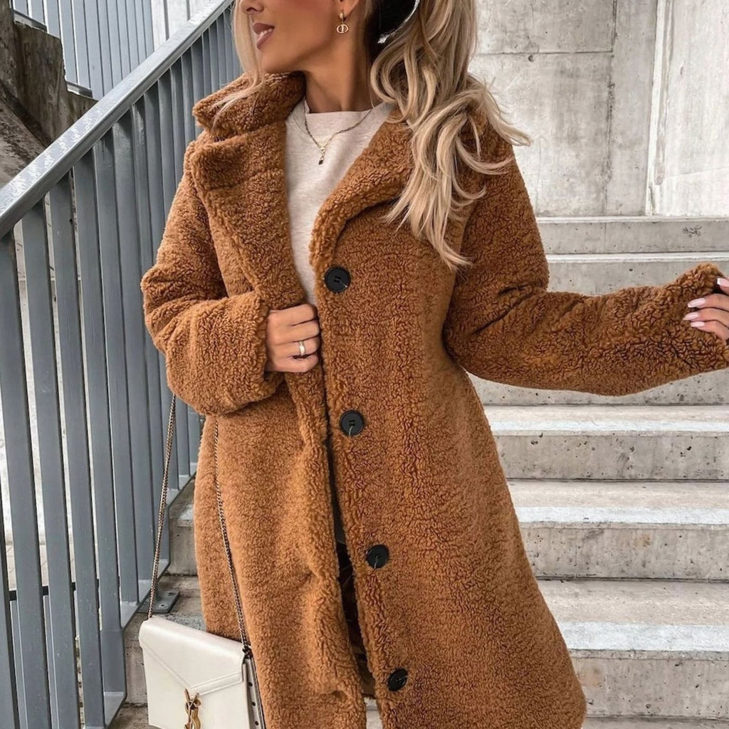 Women's Oversized Teddy Long Winter Coat Button-Front - Brown