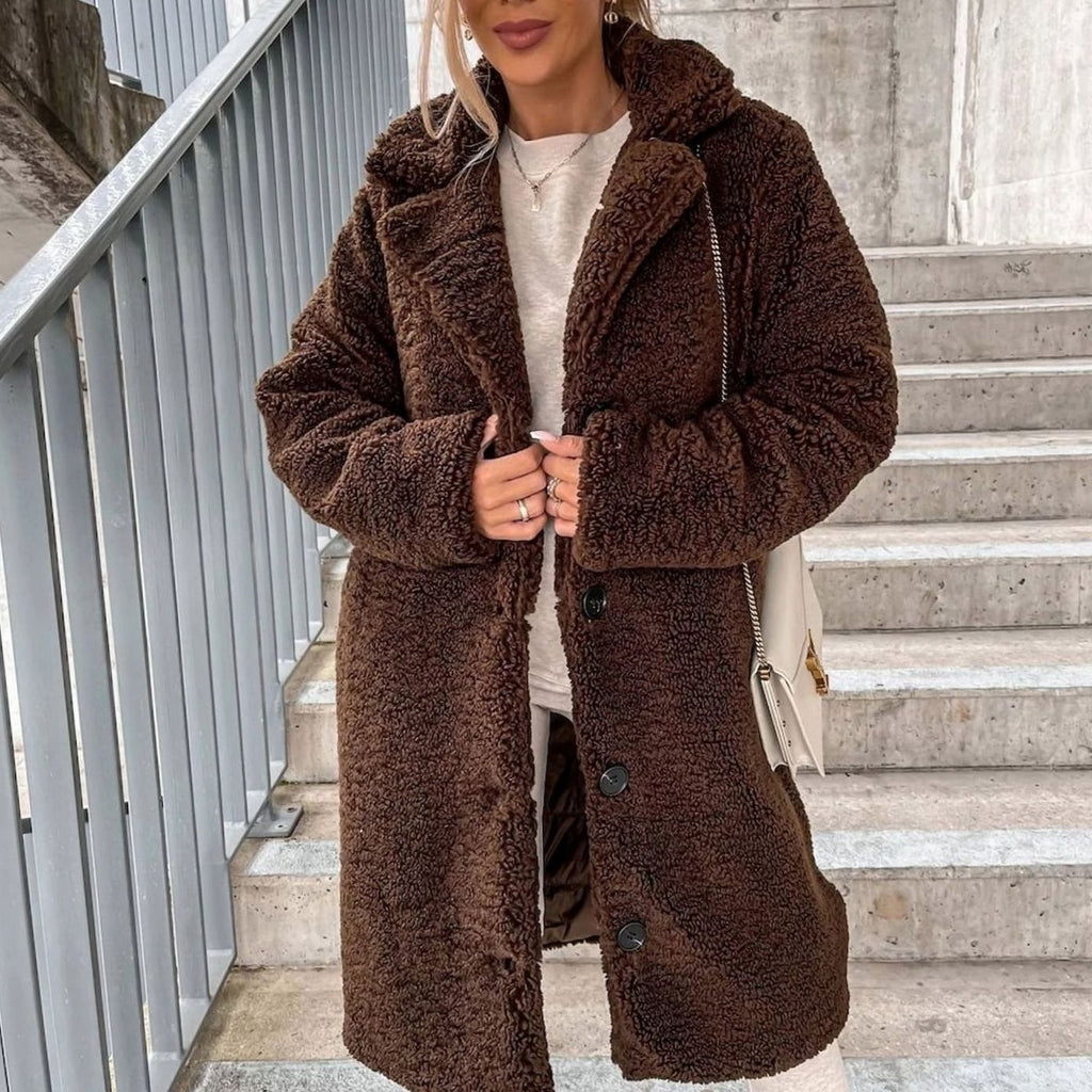Women's Oversized Teddy Long Winter Coat Button-Front - Dark Brown