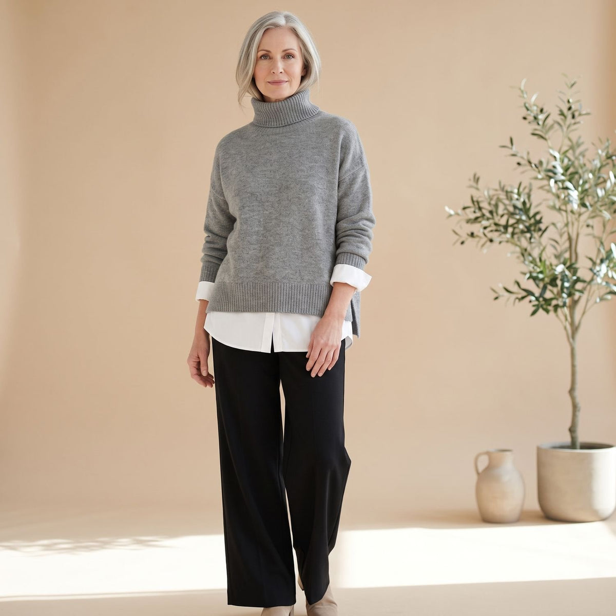 Women's Oversized Turtleneck Knit Sweater - Grey