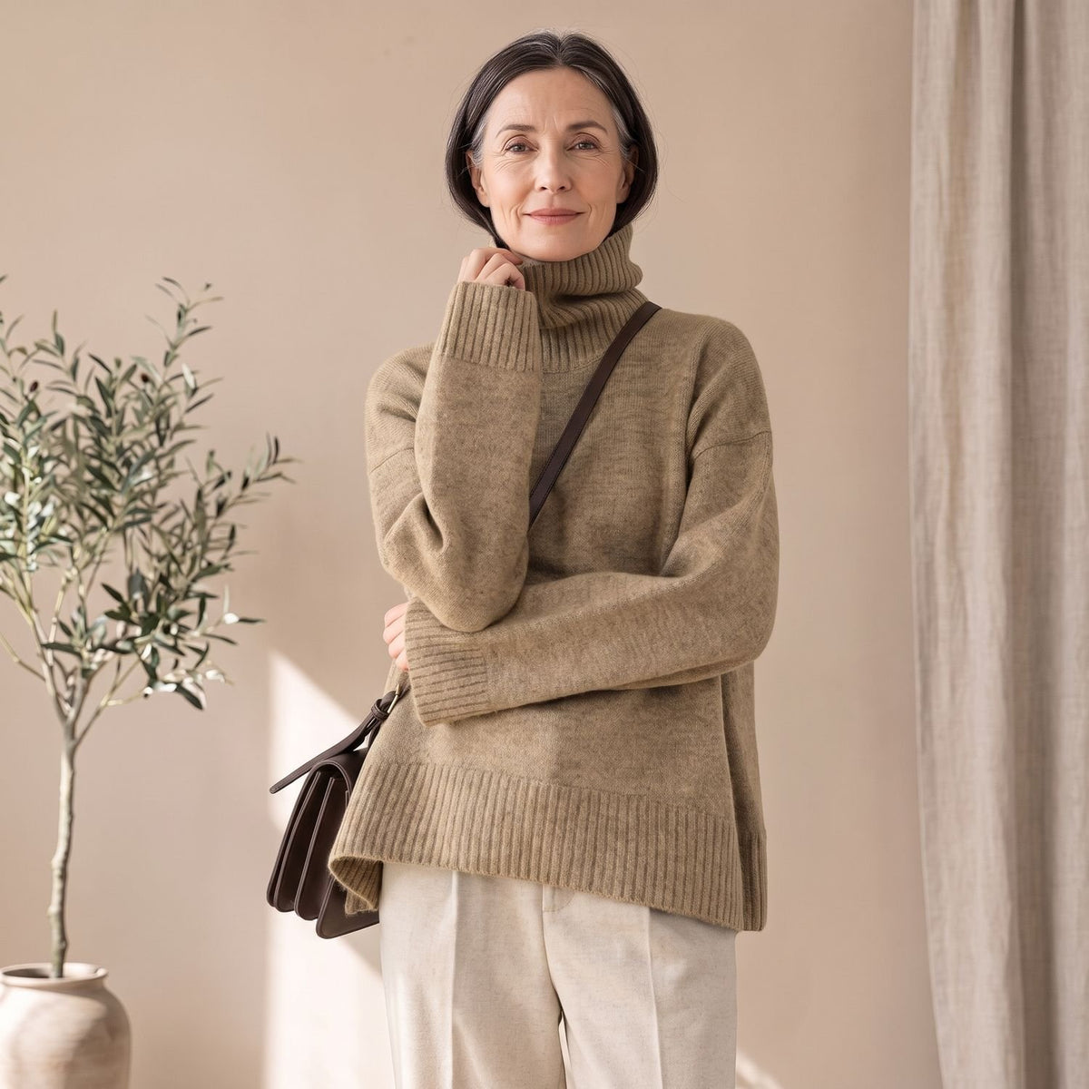 Women's Oversized Turtleneck Knit Sweater - Khaki