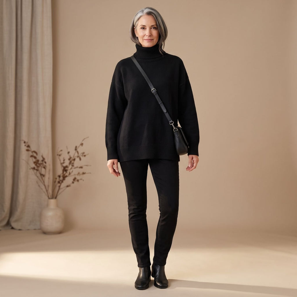 Women's Oversized Turtleneck Knit Sweater - Black