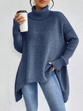 Women's Oversized Turtleneck Sweater High-Low Ribbed Knit Pullover - Ocean Blue
