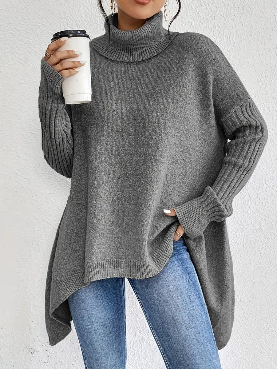 Women's Oversized Turtleneck Sweater High-Low Ribbed Knit Pullover - Stone Gray