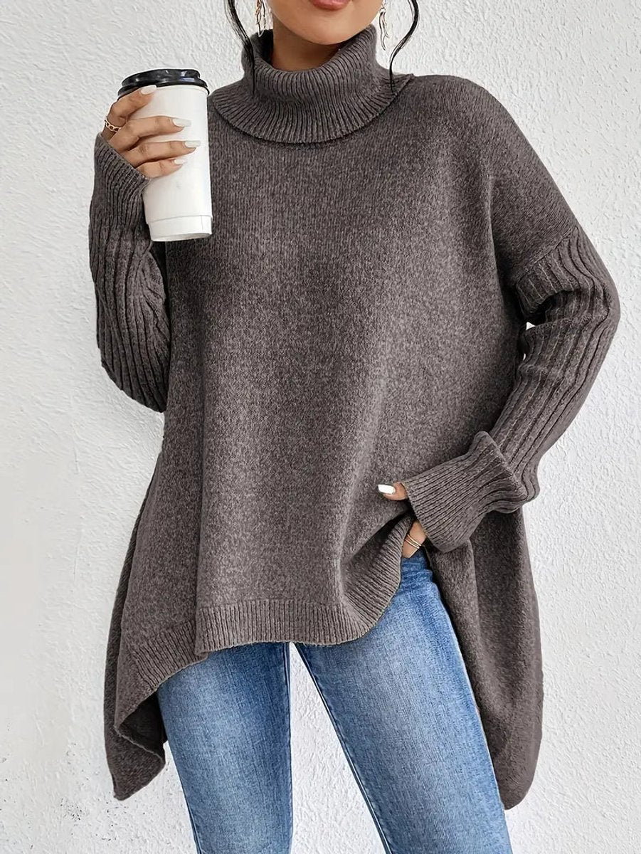 Women's Oversized Turtleneck Sweater High-Low Ribbed Knit Pullover - Espresso Brown