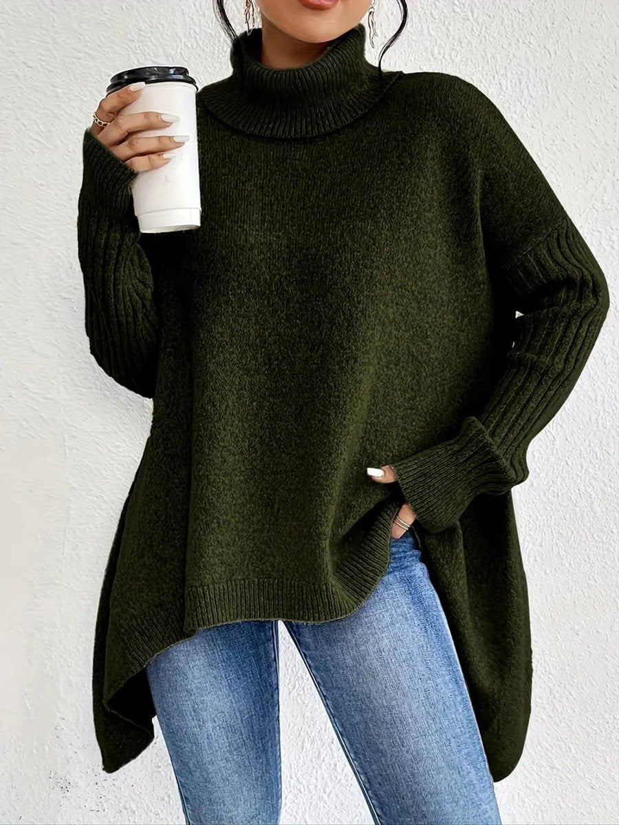 Women's Oversized Turtleneck Sweater High-Low Ribbed Knit Pullover - Pine Green