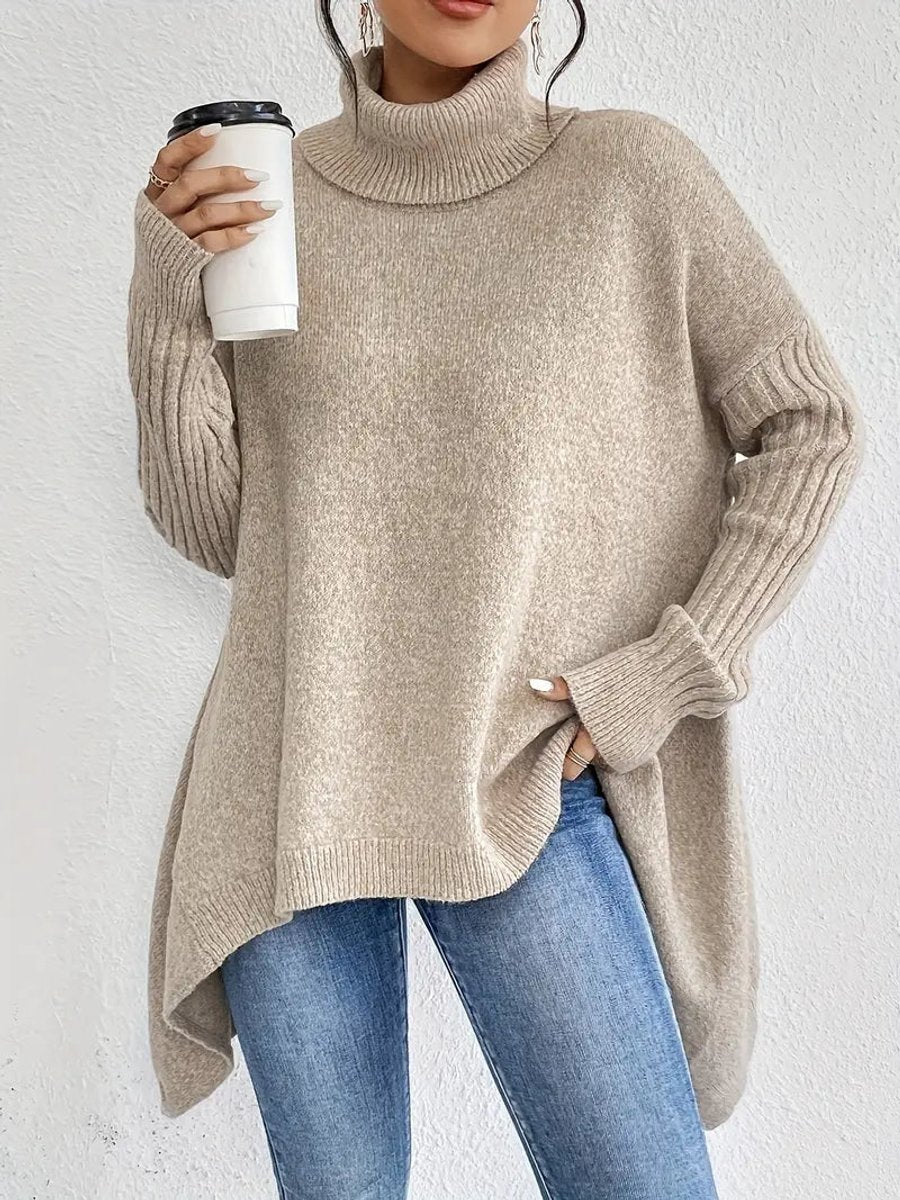 Women's Oversized Turtleneck Sweater High-Low Ribbed Knit Pullover - Desert Khaki