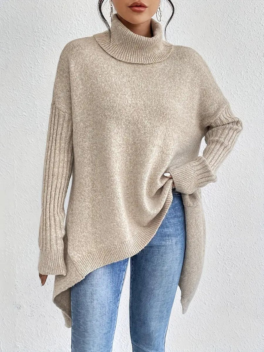 Women's Oversized Turtleneck Sweater High-Low Ribbed Knit Pullover