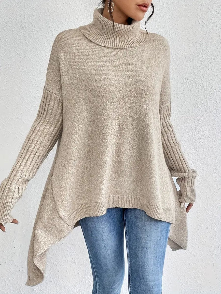 Women's Oversized Turtleneck Sweater High-Low Ribbed Knit Pullover